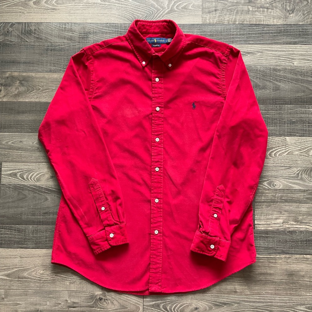 Ralph Lauren Corduroy Classic Fit Button Down Shirt Men’s LARGE Red Navy Pony